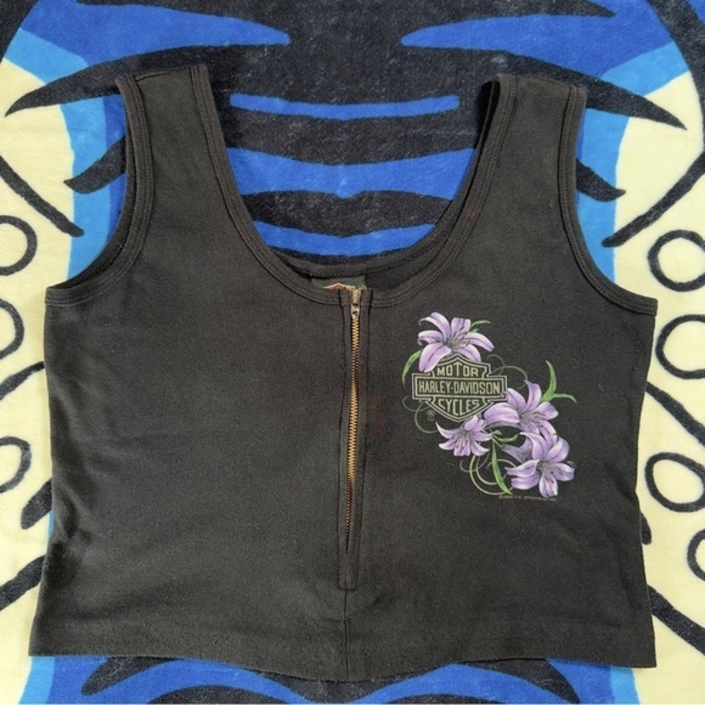 VTG 80s Harley-Davidson Black Crop Top with Zipper and Purple Floral Design L